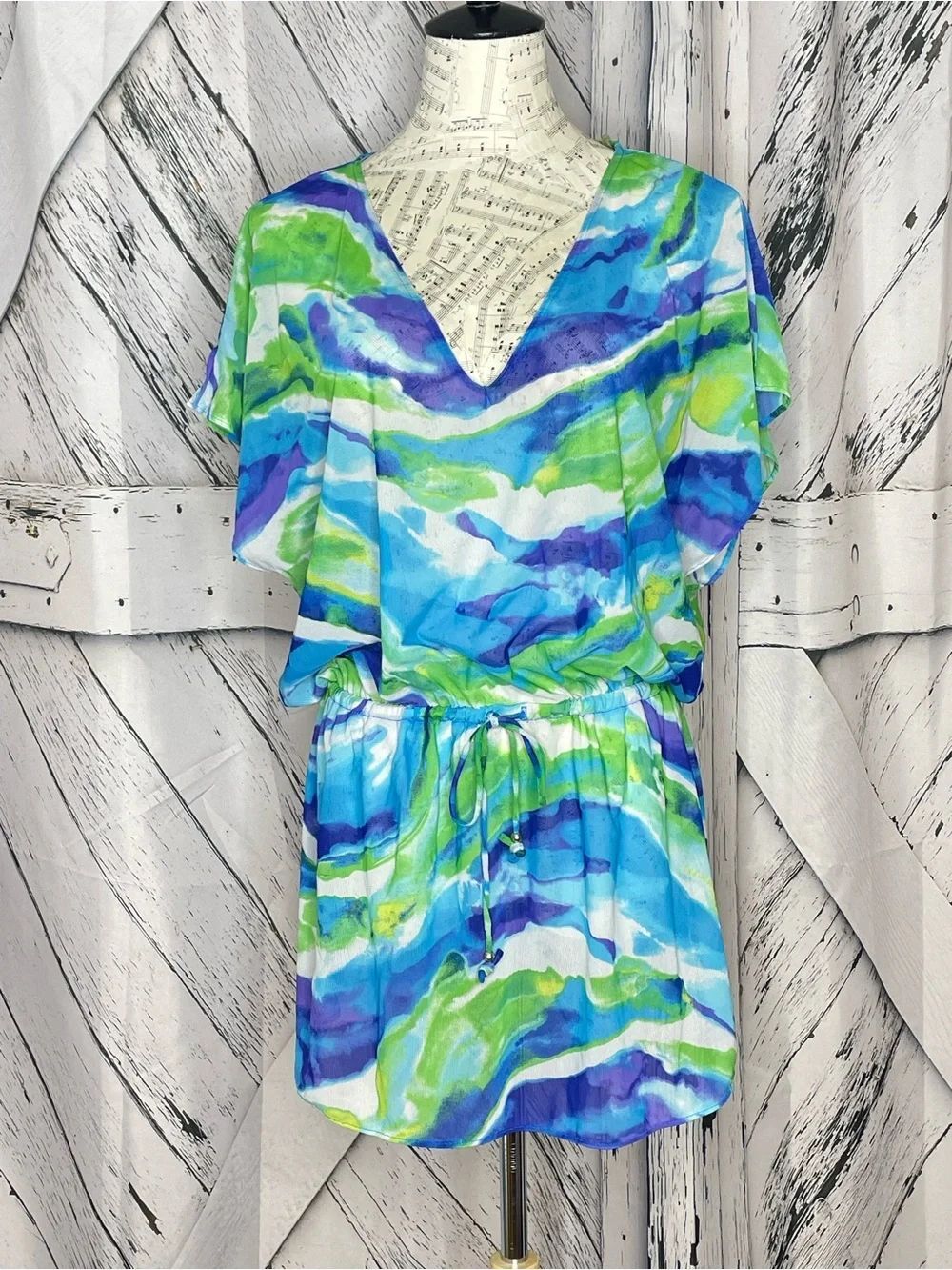 Lauren Ralph Lauren swimsuit cover-up blue, green, and white print S